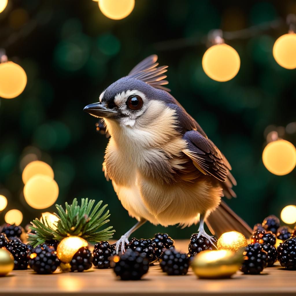 Tufted Titmouse in Golden Christmas Light, Hyperrealistic