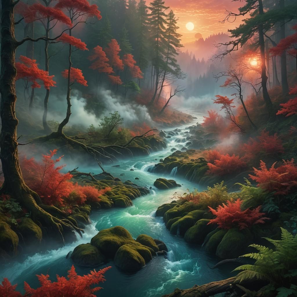 Ethereal River Runs Through Foggy Forest at Sunrise