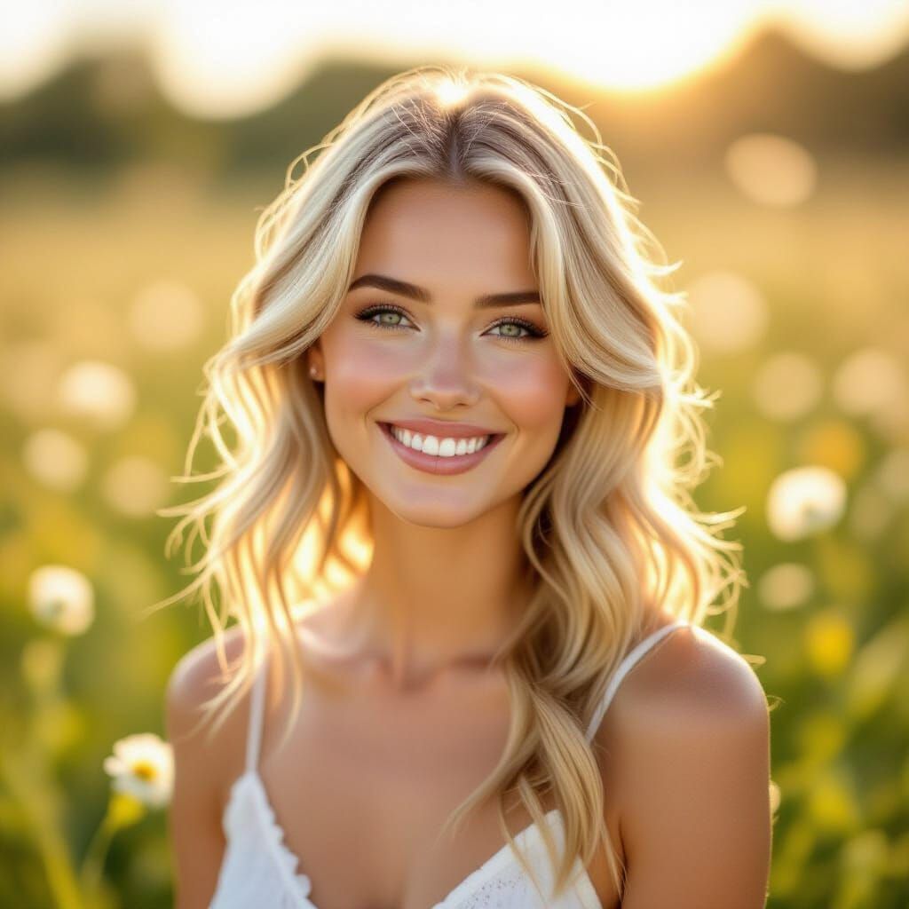 Ethereal Blonde Woman in Sunlit Meadow