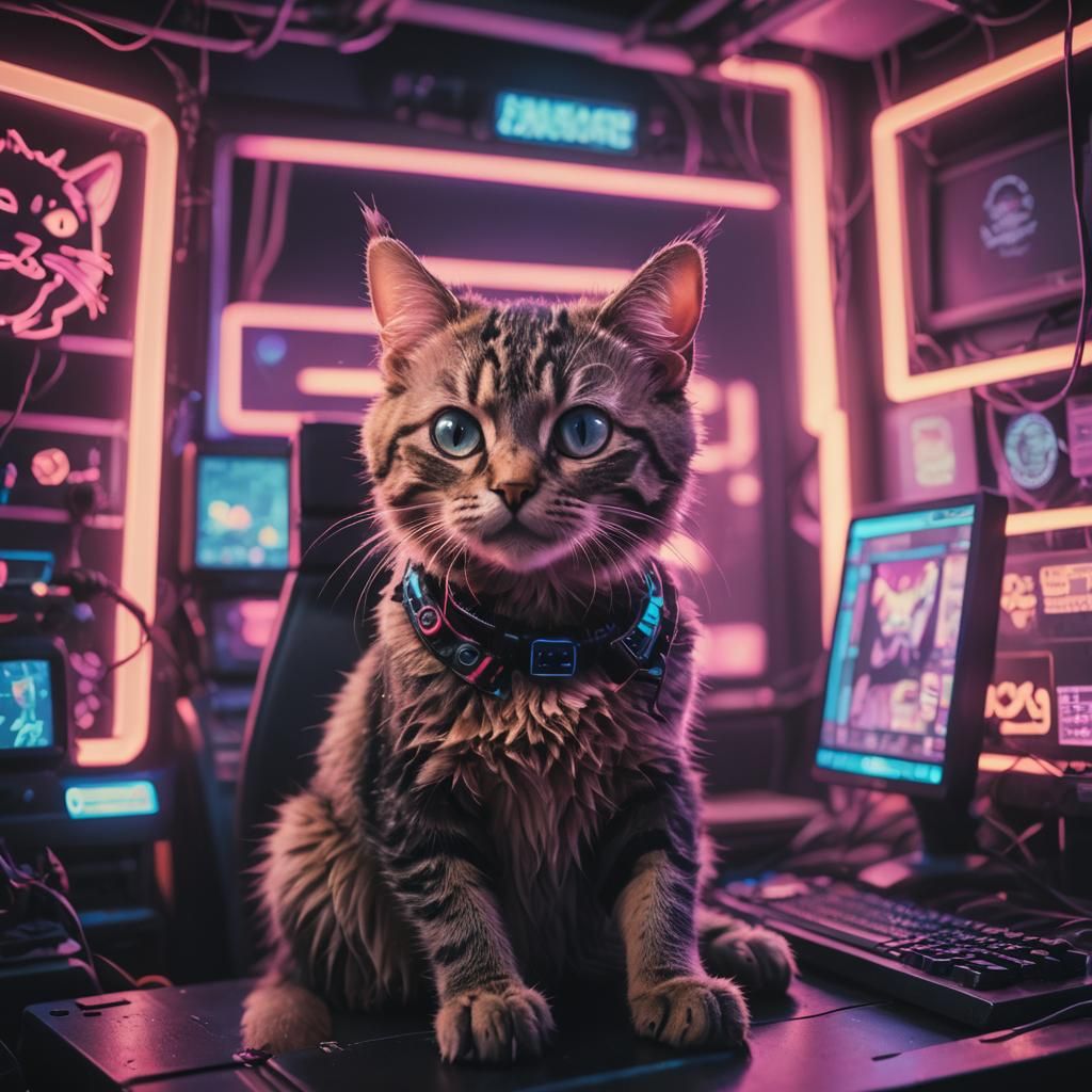Cyberpunk Cat in Neon Monitor: Cinematic Still