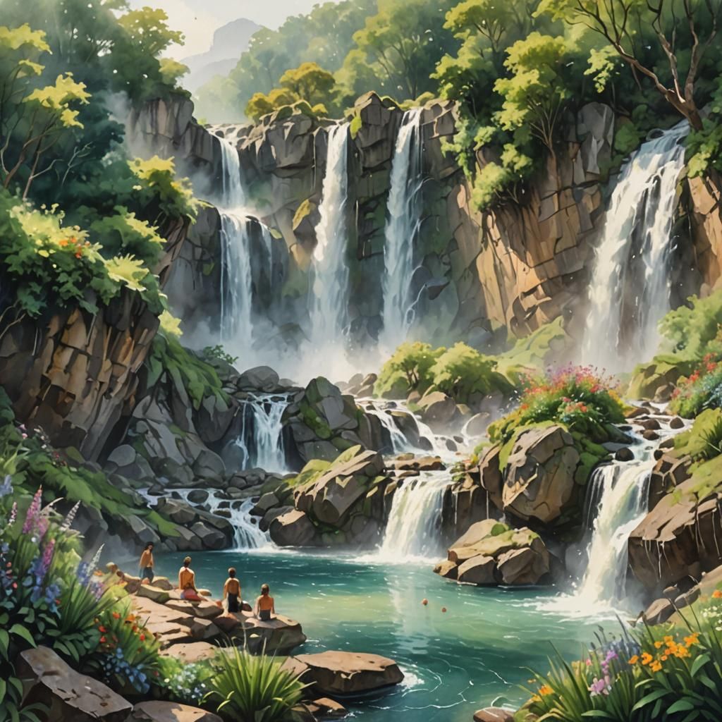 Vibrant Waterfall Scene with Bathers as Digital Art
