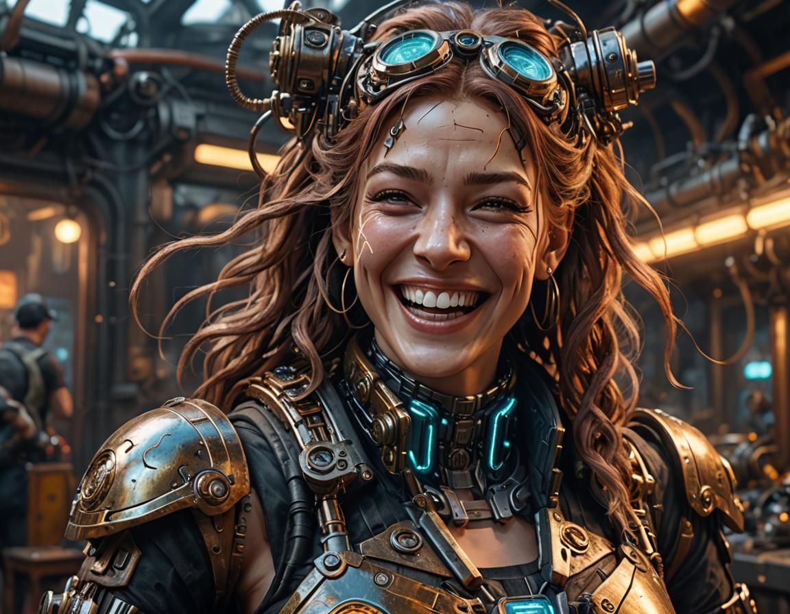 Cyberpunk Woman Laughing with Embedded Tech