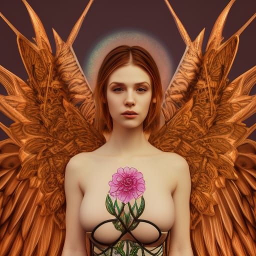 Zentangle Angel with Flower, Detailed Fantasy Art