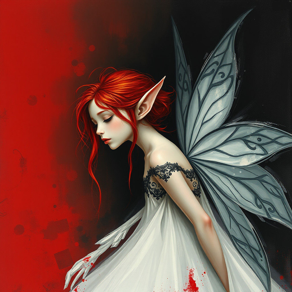 Ethereal Fairy Elf in Red, Black and White
