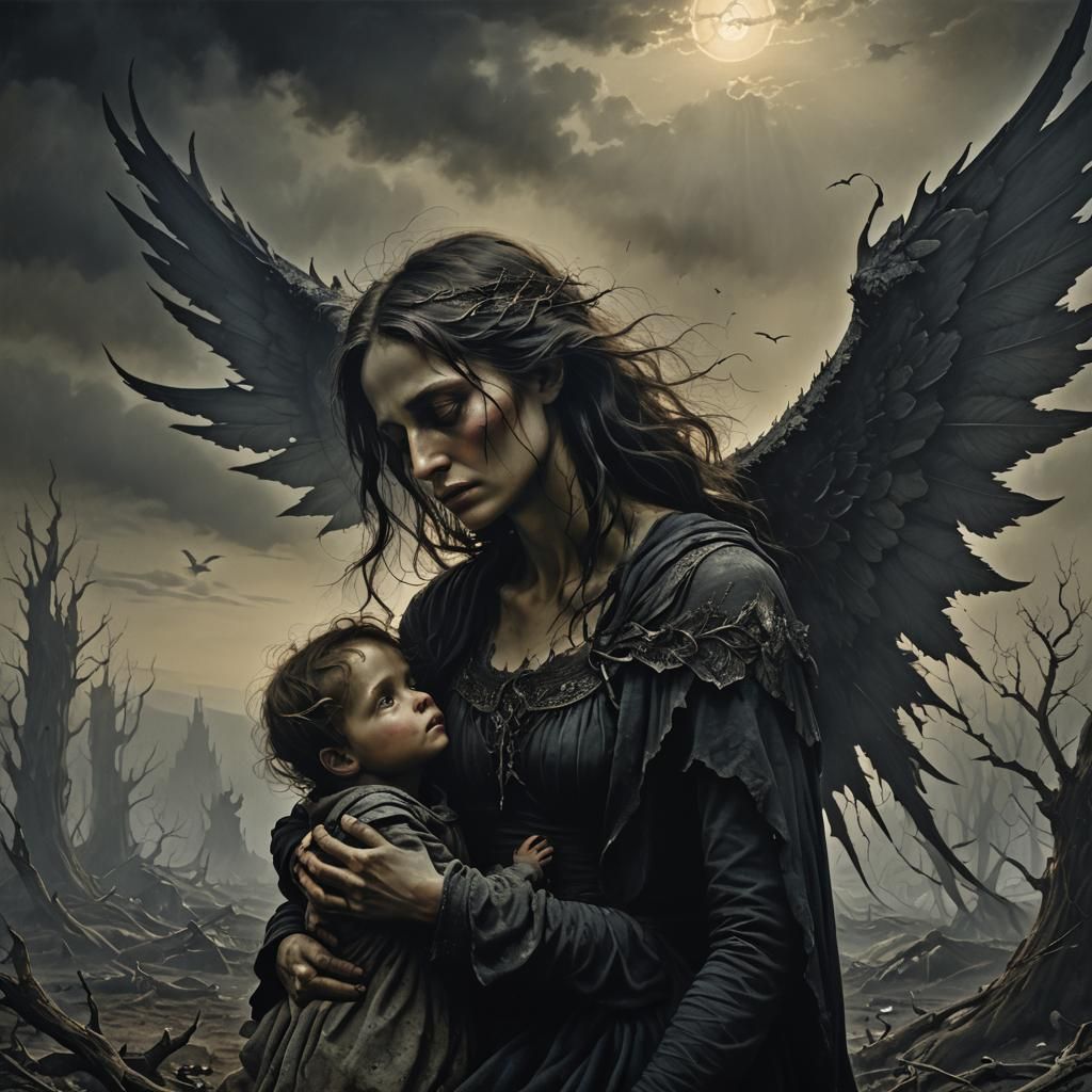 Eerie Mother and Child in Dark Surrealism