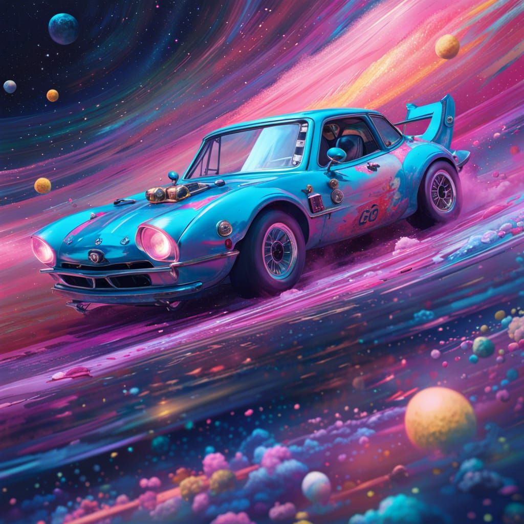 Chibi Racing Car Drifting in a Rococo Galaxy