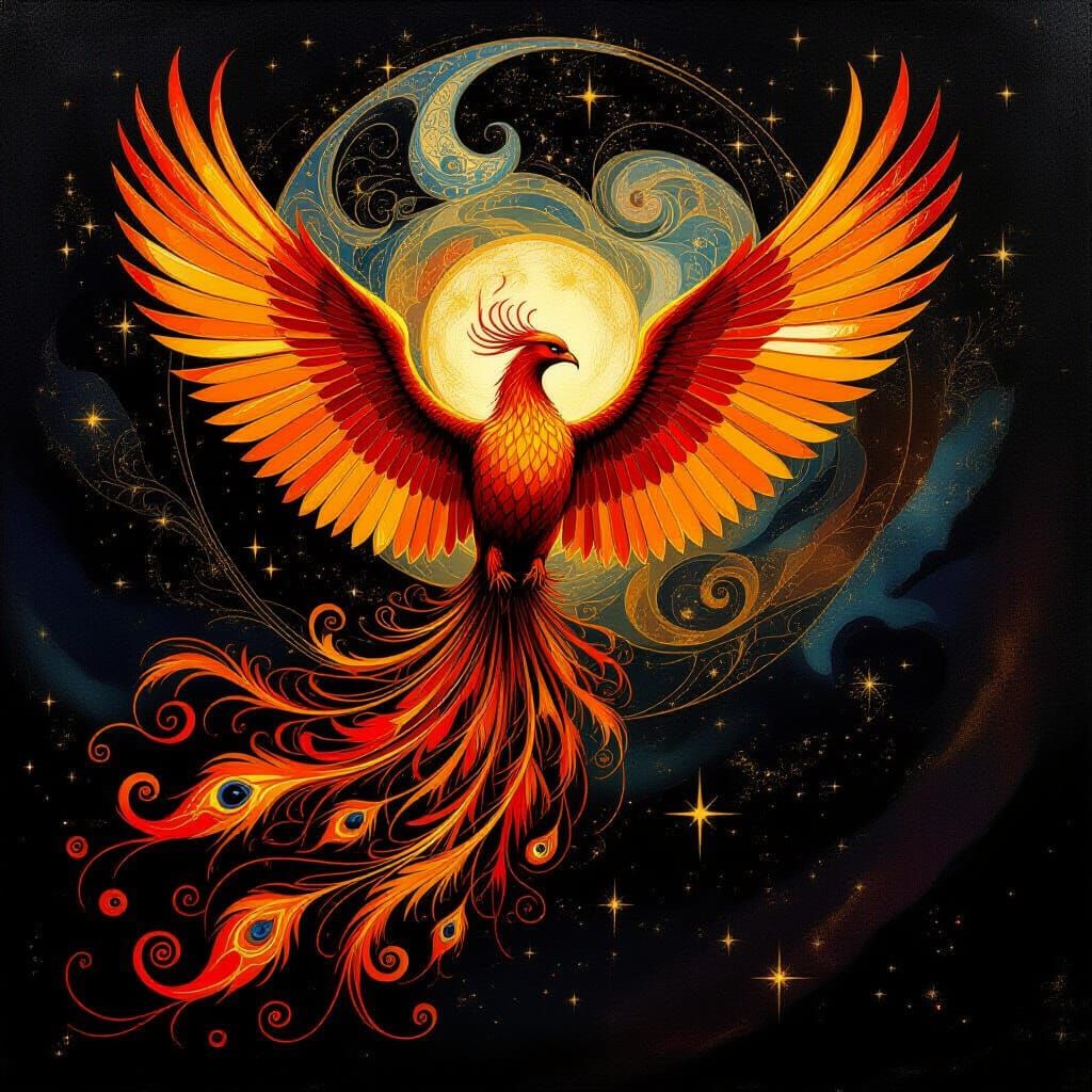 Majestic Phoenix Rises in Baroque & Art Nouveau Style