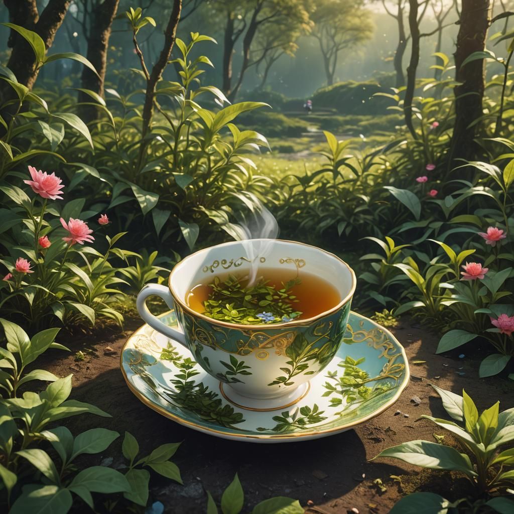 Delicate Tea Cup in Lush Fantasy Garden