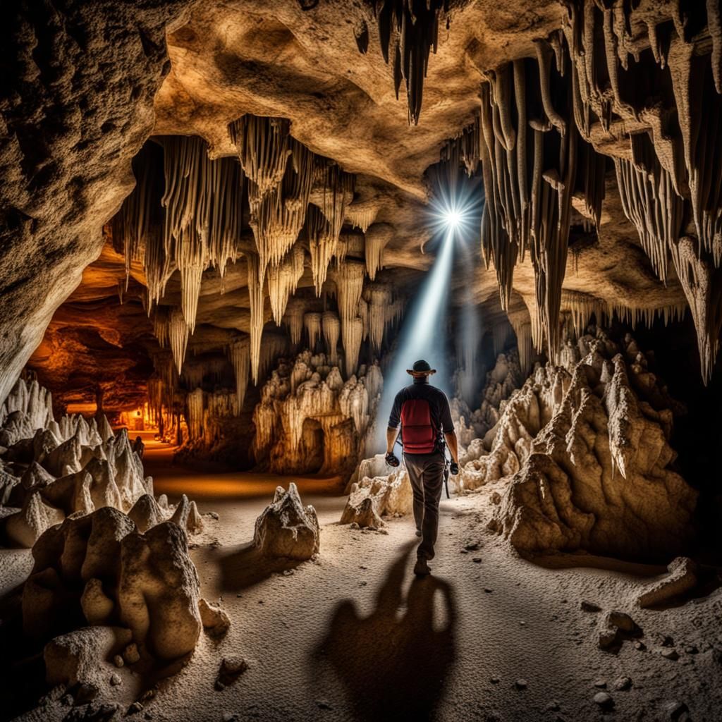 Spelunker Exploring Limestone Cave Formations
