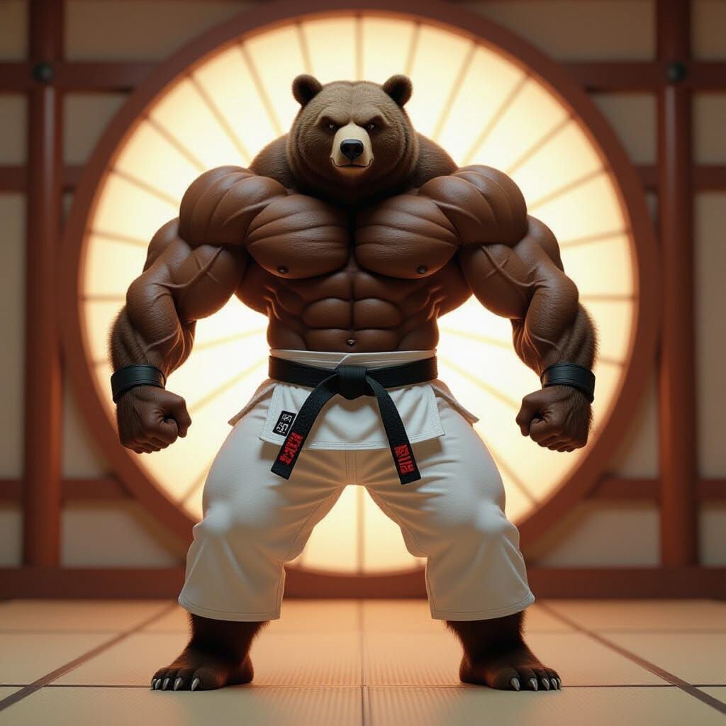 Muscular Judo Bear in Dojo: 3D Digital Art
