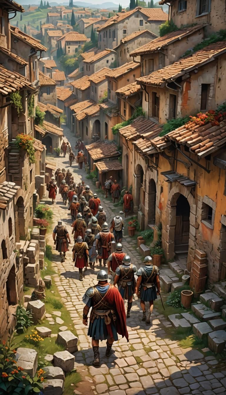 Roman Soldiers in Old Village: Hyperrealistic Concept Art
