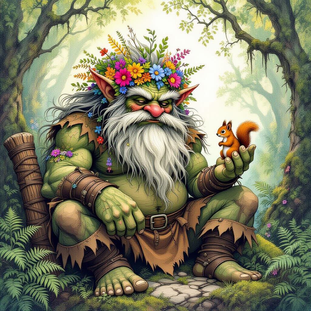 Gigantic Troll Cradles Tiny Squirrel in Fantasy Forest