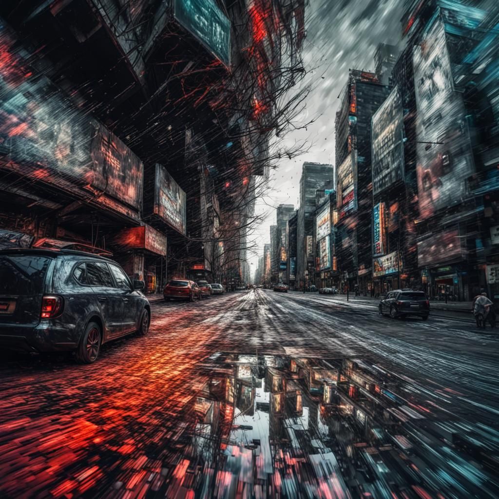 Hyperrealistic Glitch Art Street Scene in HDR