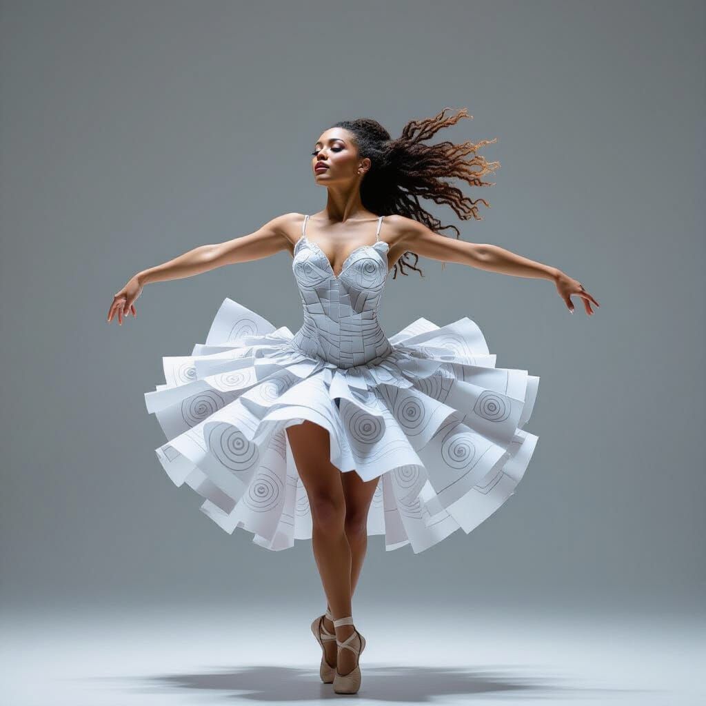 Female Dancer Made of Torn Paper on Stage