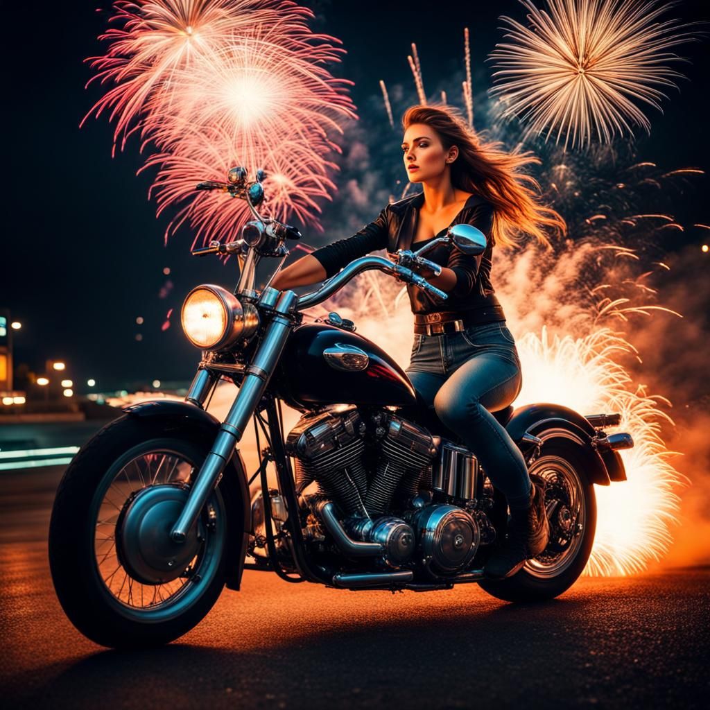 Women Ride Motorcycle Amidst Fireworks Display