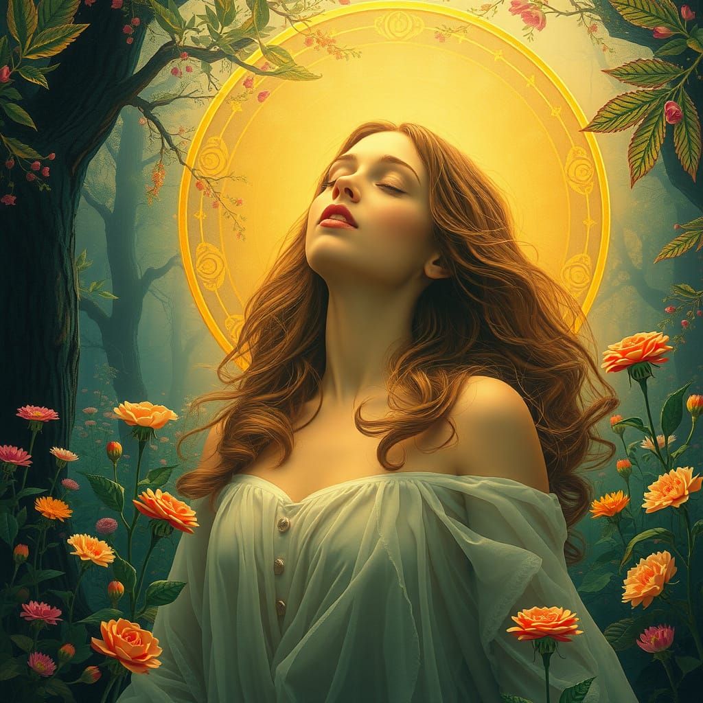 Ethereal Goddess of Love in a Vibrant, Dreamlike Garden
