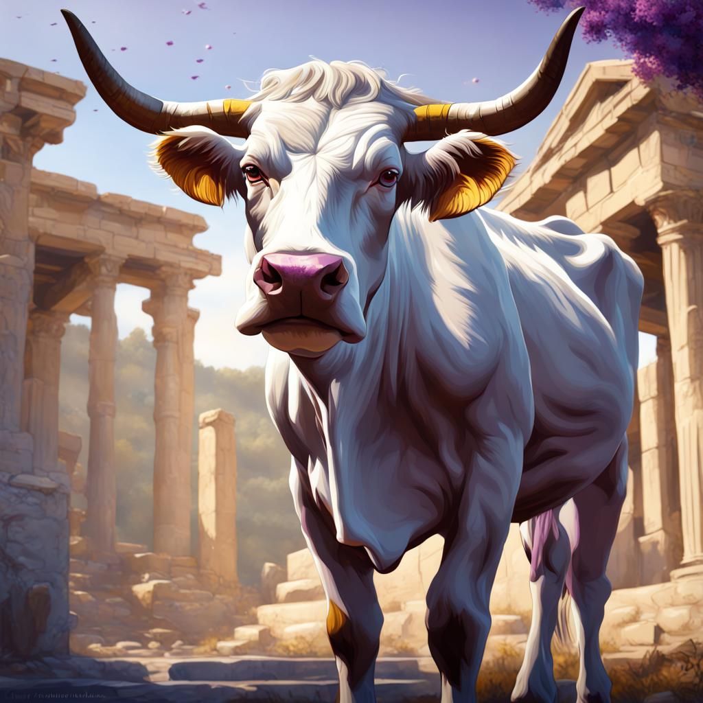 Annoyed White Cow in Ancient Greece: Detailed Painting