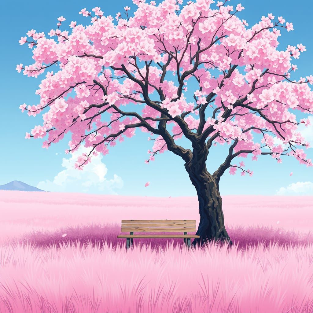 Anime Sakura Tree and Pink Grass Landscape