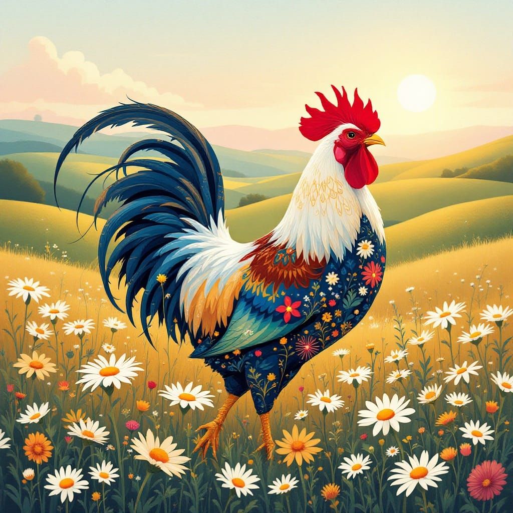 Vibrant Rooster in a Dreamy Meadow