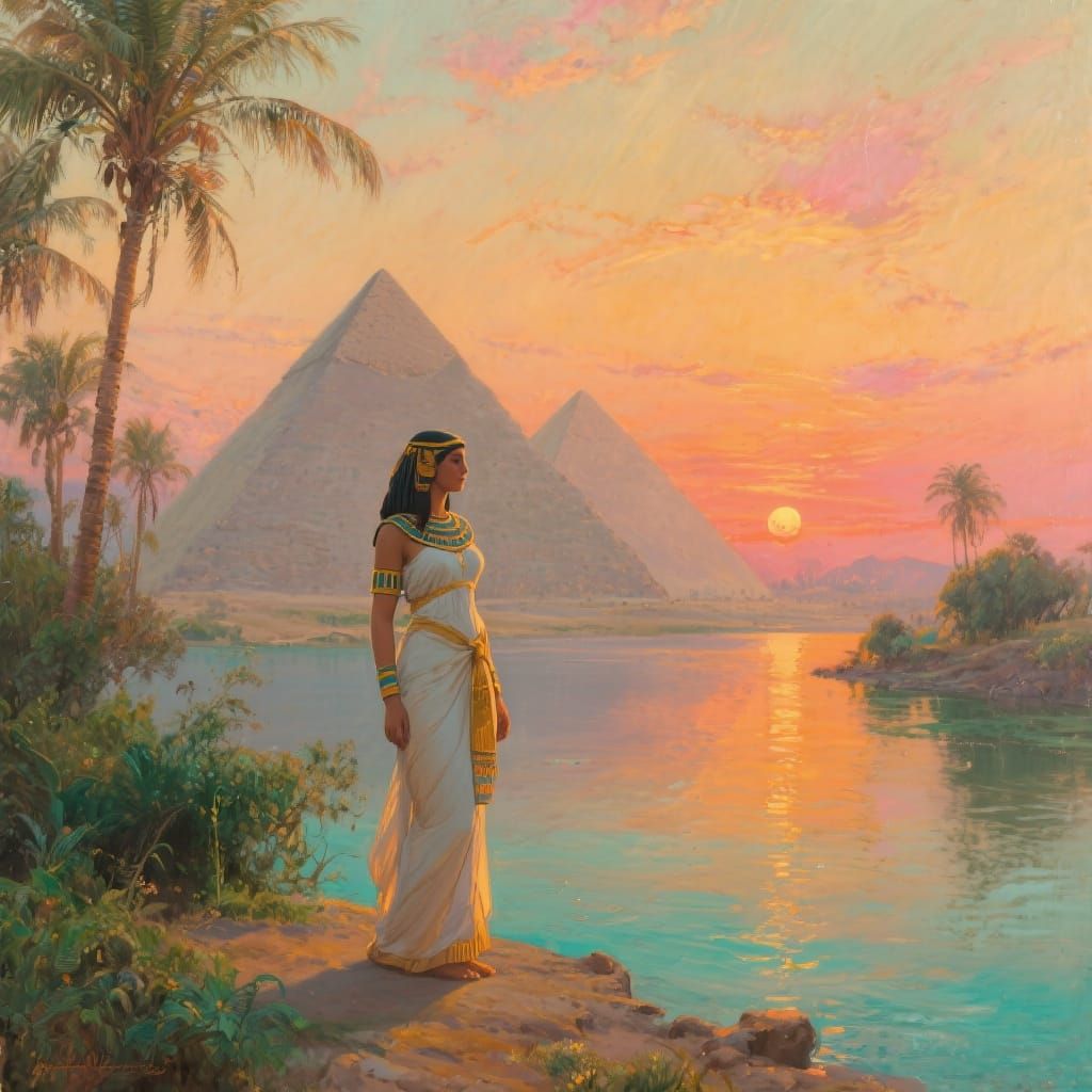 Egyptian Woman at Nile Sunset: Hyperrealistic Oil Painting