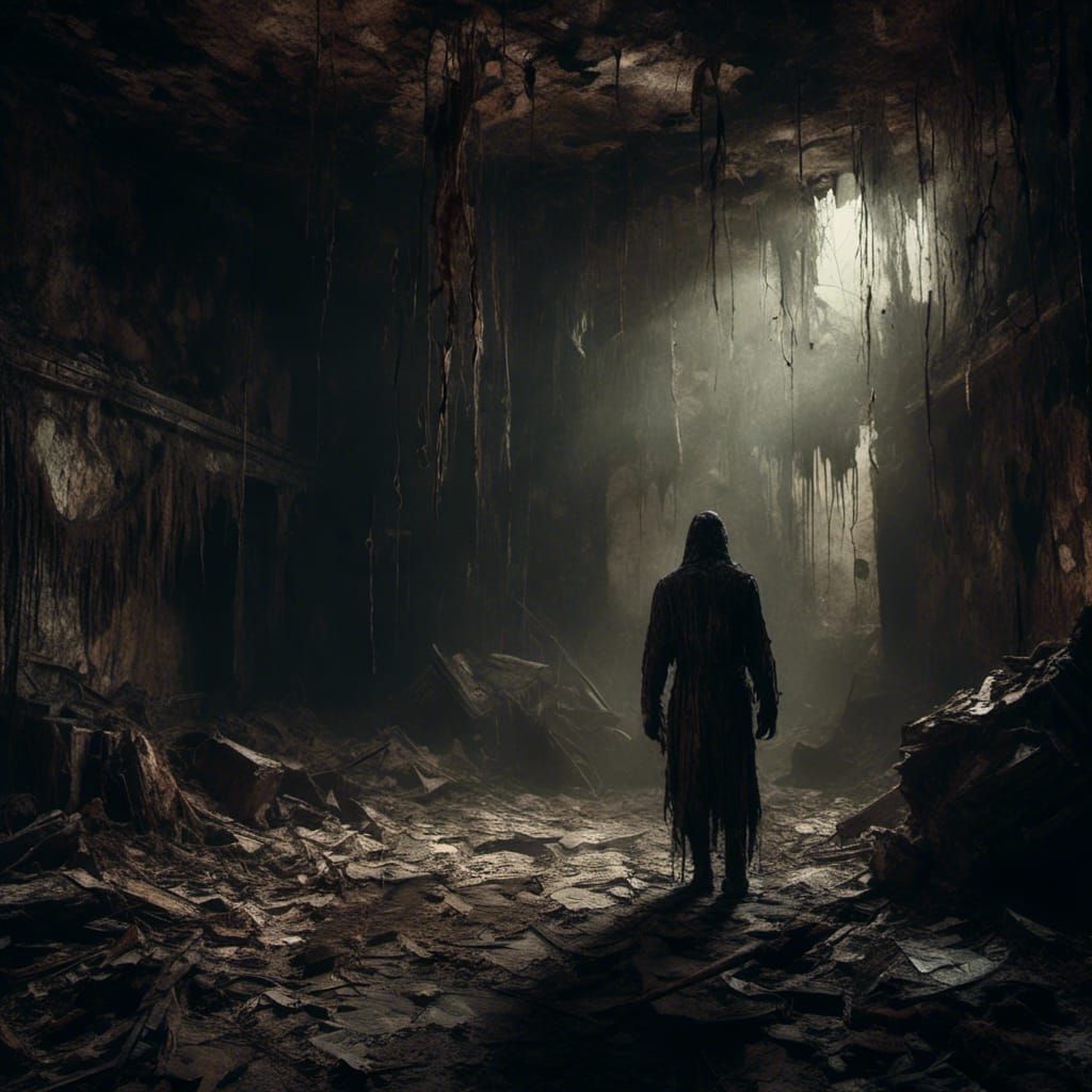 Lone Figure in Dilapidated Chamber, Horror Concept Art