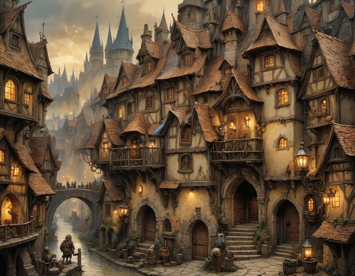 Enchanted Medieval Village Scene in Jean Baptiste Monge Styl...