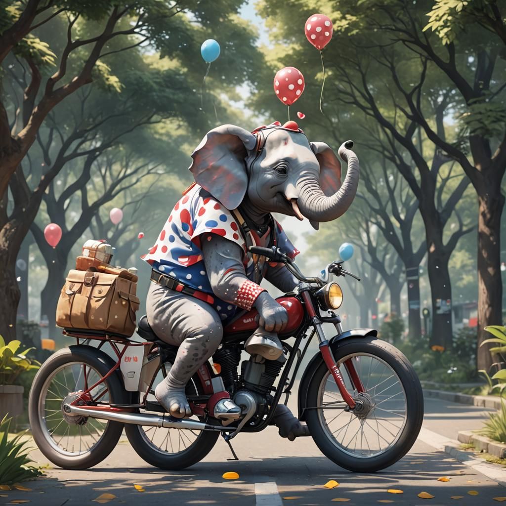 Polka Dot Elephant Rides Bike: 3D Anime Art
