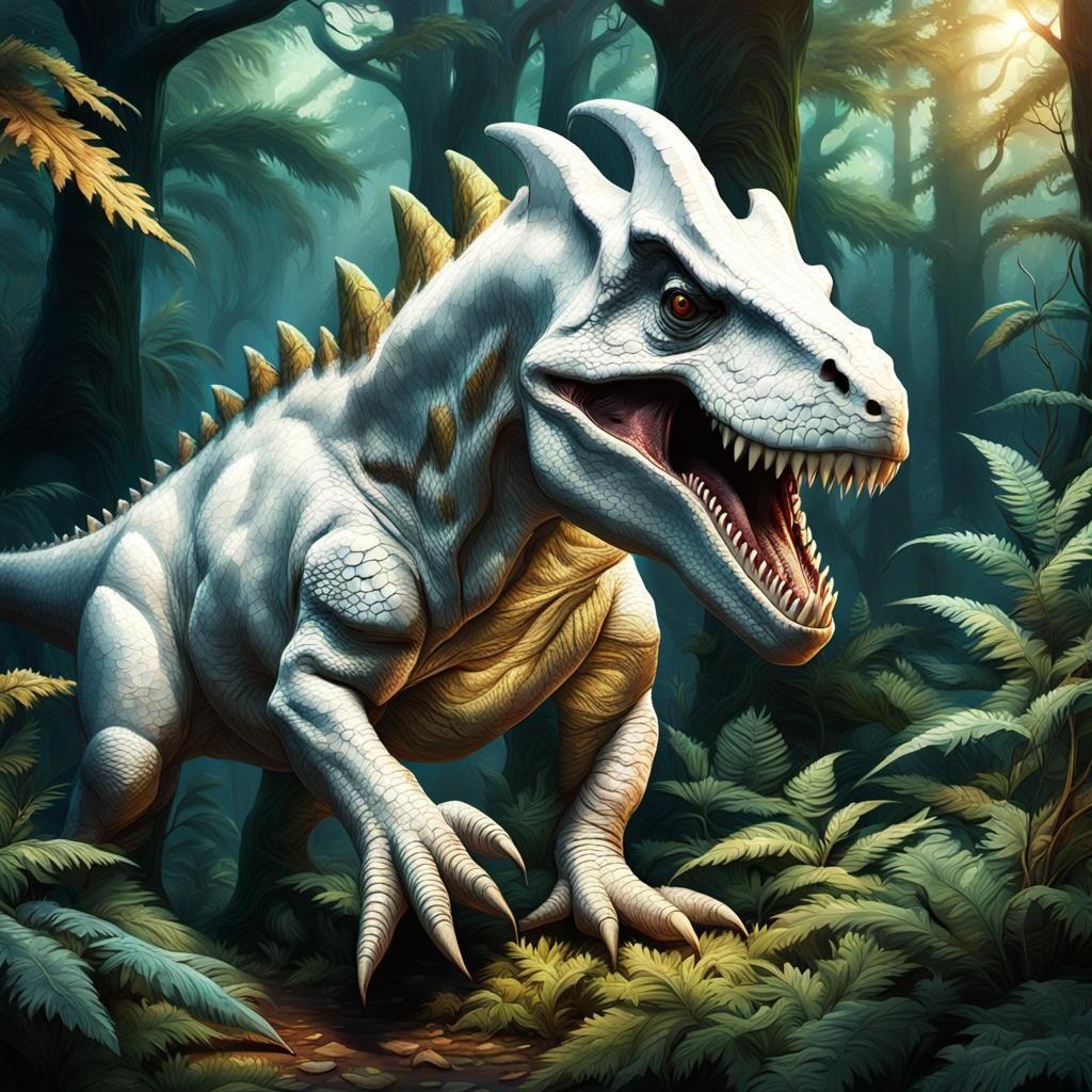 White Dinosaur in Mystical Forest: Fantasy Concept Art