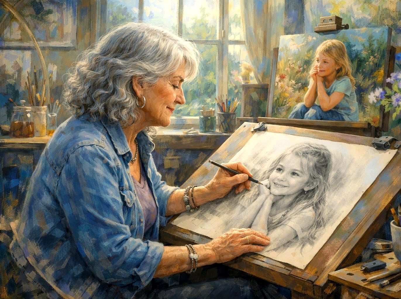Grandmother Draws Granddaughter in Light-Filled Studio Oil P...