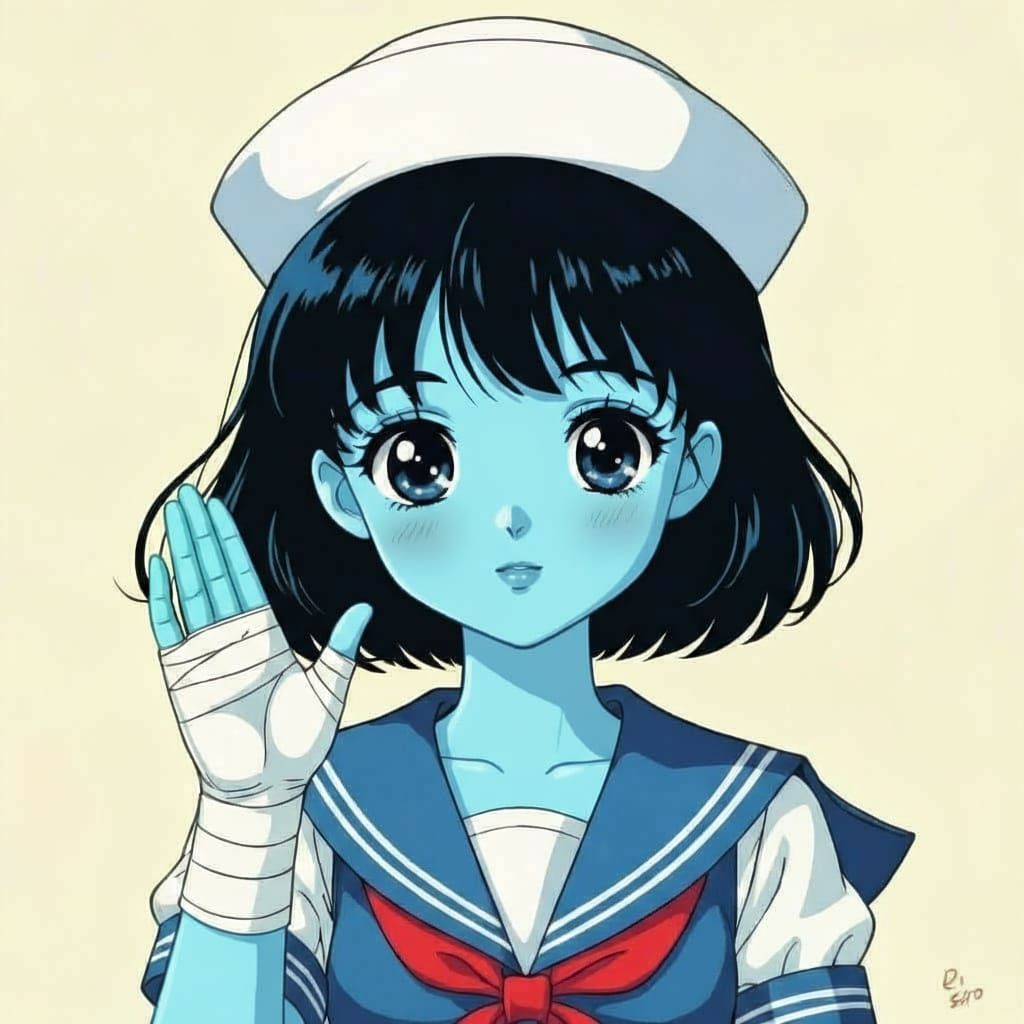 Cyan Doll Girl in Sailor Hat with Bandaged Hand