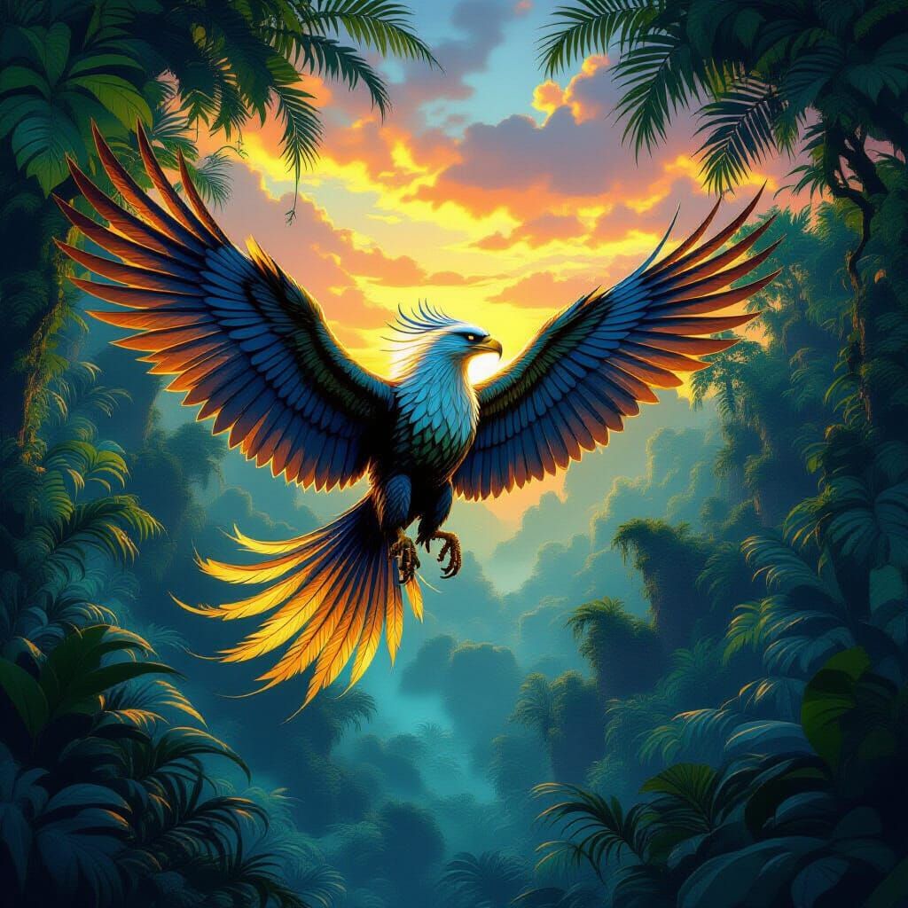 Majestic Griffin Soars Through Alien Jungle at Sunset