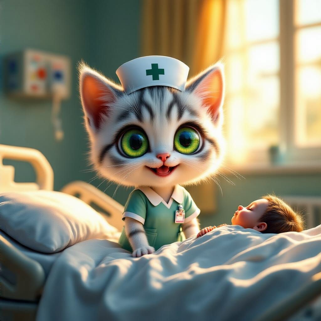 Kitten Nurse Attends Patient: Fantasy Concept Art