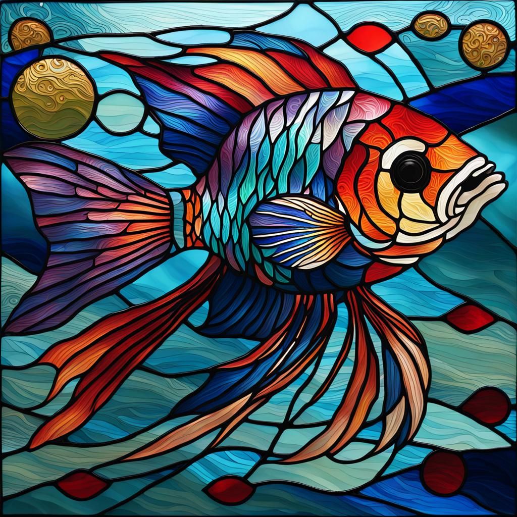 Ornate Stained Glass Japanese Fighting Fish Art