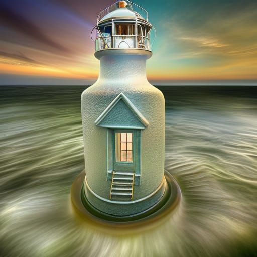 Lighthouse Diorama in Dewdrop: Surreal Macro Fantasy
