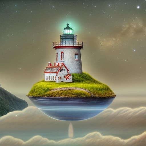 Lighthouse in Dewdrop Diorama: Realistic Surrealism