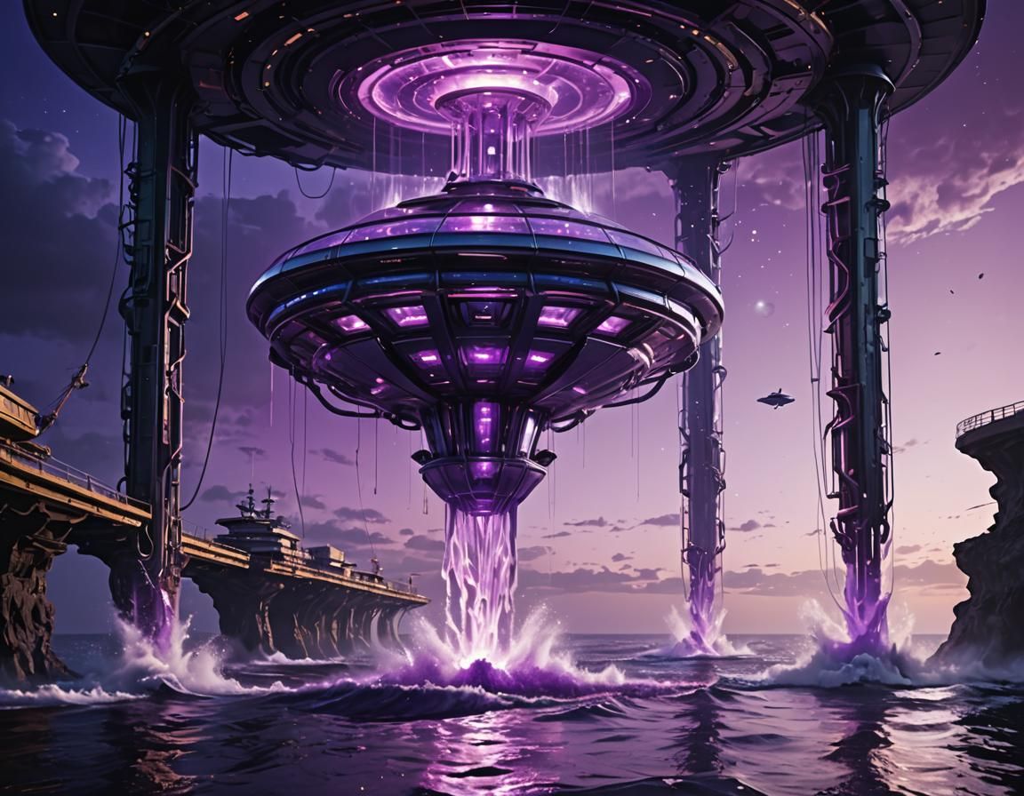 Futuristic Platform Lifts Alien Vessel from Ocean