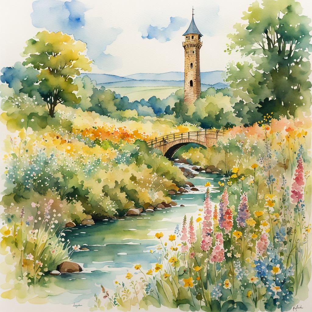 Whimsical Countryside Scene with Tower and Wildflowers