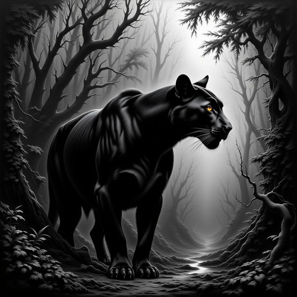Black and White Panther in Moody Jungle Painting