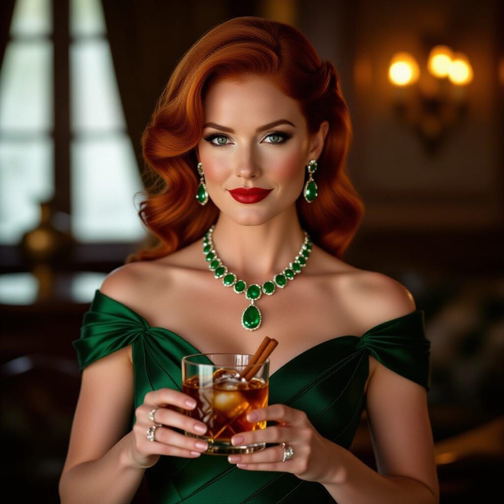 Elegant Woman with Spiced Rum Cocktail, Cinematic Film Still