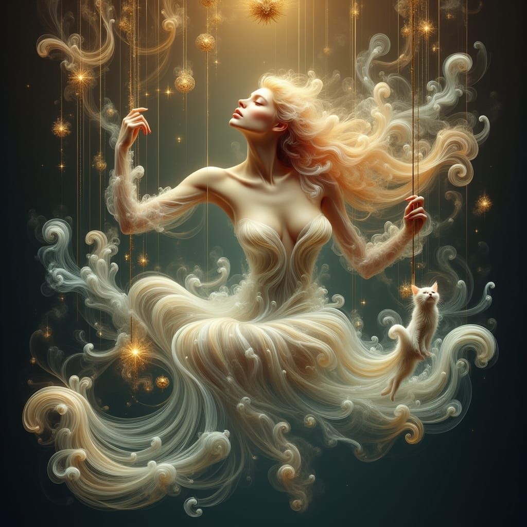 Ethereal Woman with Cat in Plasma Portal