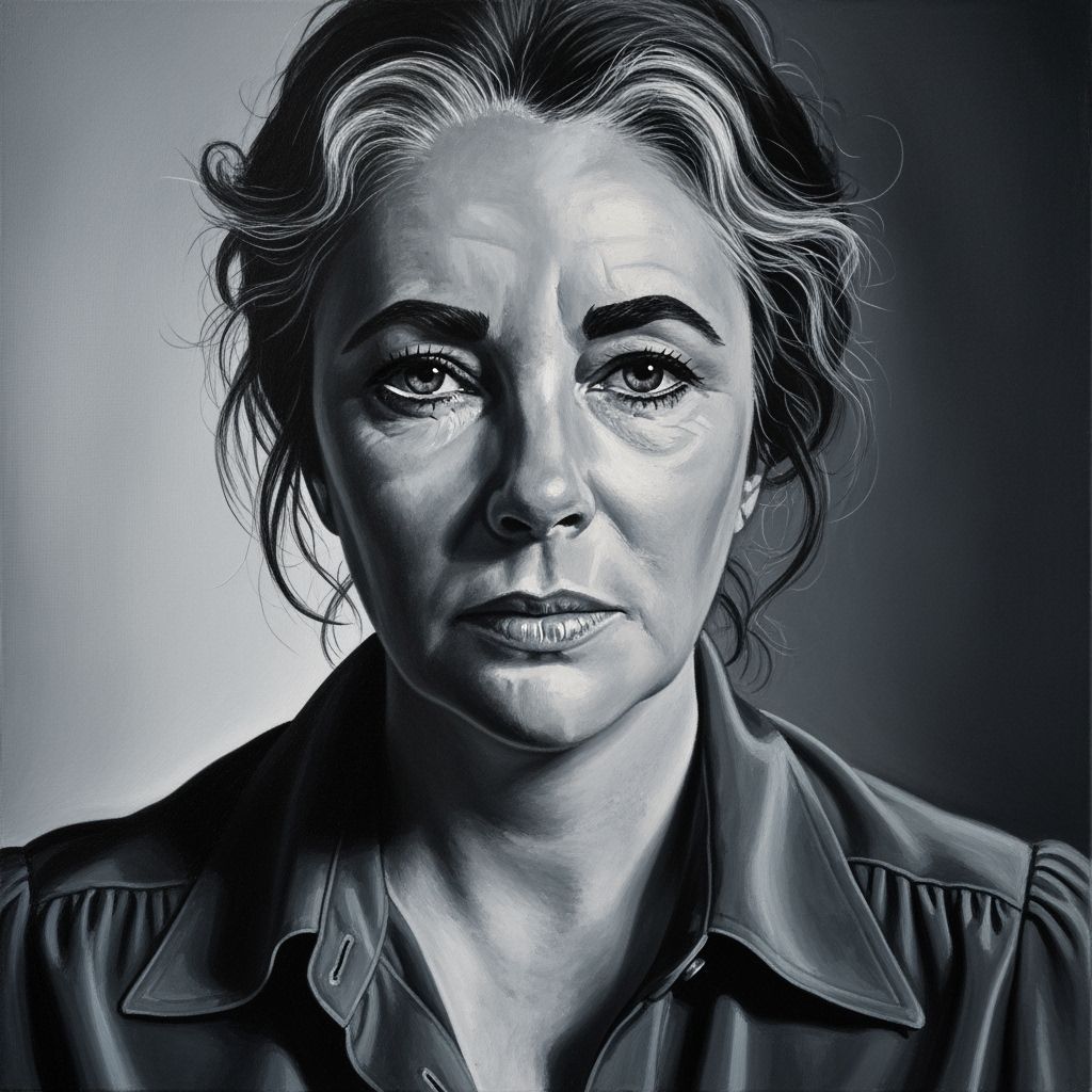Elizabeth Taylor's Weary Portrait in Monochrome Oil Painting