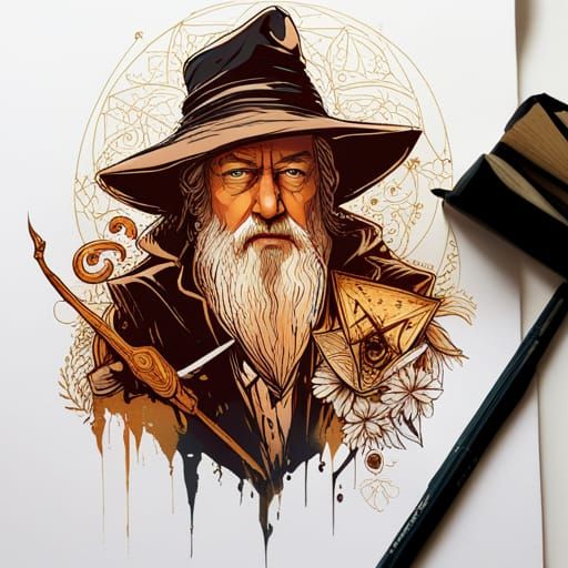 Gandalf Digital Painting with Golden Outlines