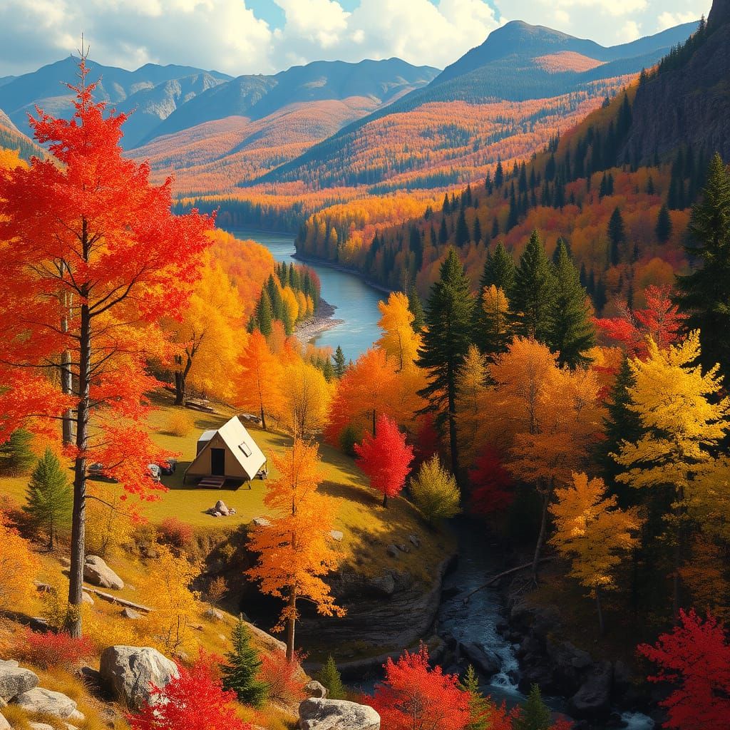 Autumn Campground Landscape in Hudson River School Style