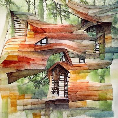 Watercolor Cabin in the Trees Architecture