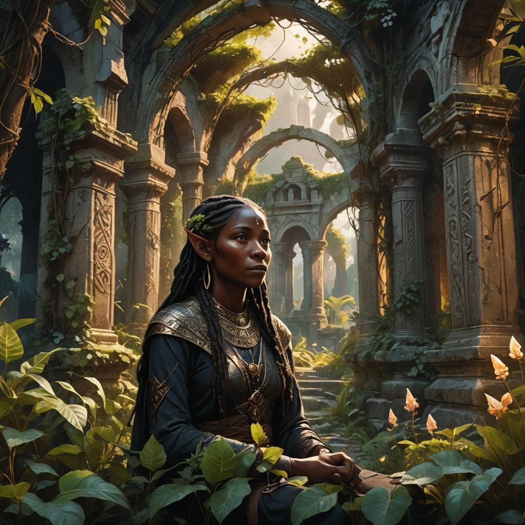 Mystical Elf Meditates in Bioluminescent Ruins