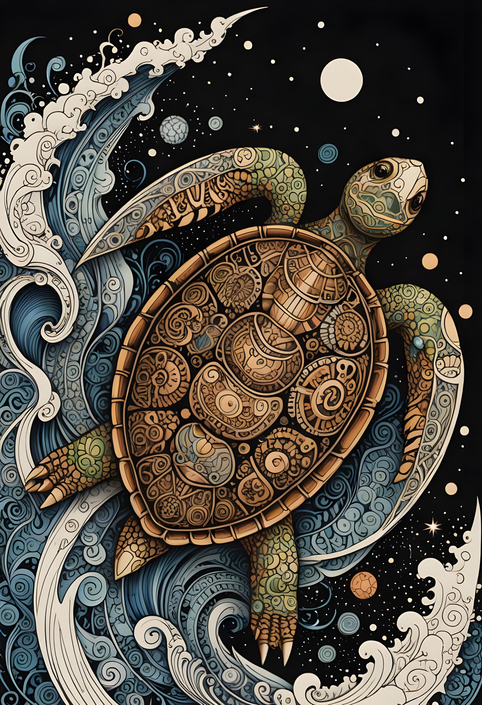 Zodiac Turtle Shell with Quantum Zentangle Linework