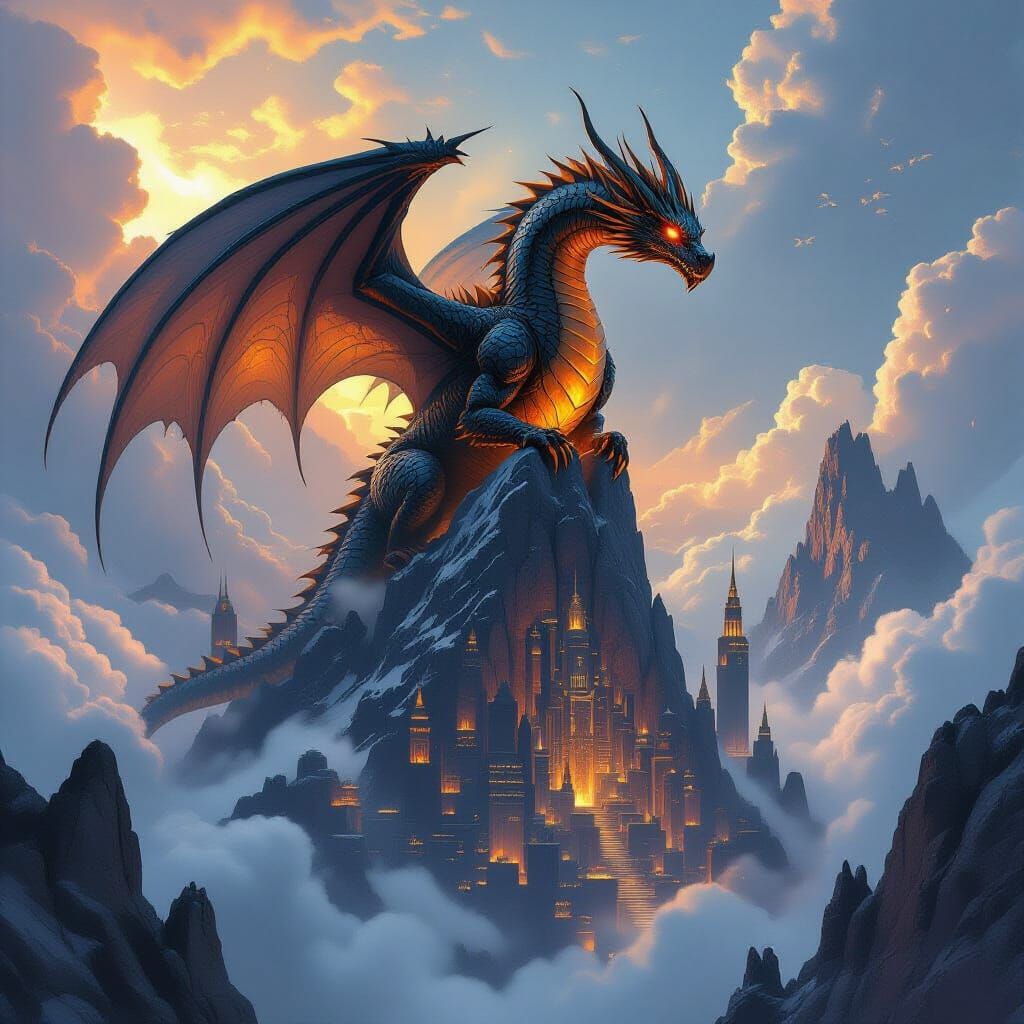 Obsidian Dragon on Mountain Above Futuristic City