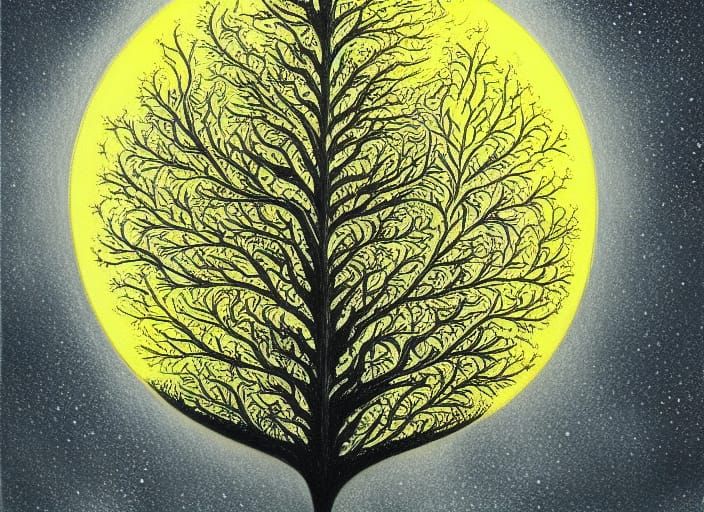 Golden Fractal Tree in Moonlight, Ink Drawing Style