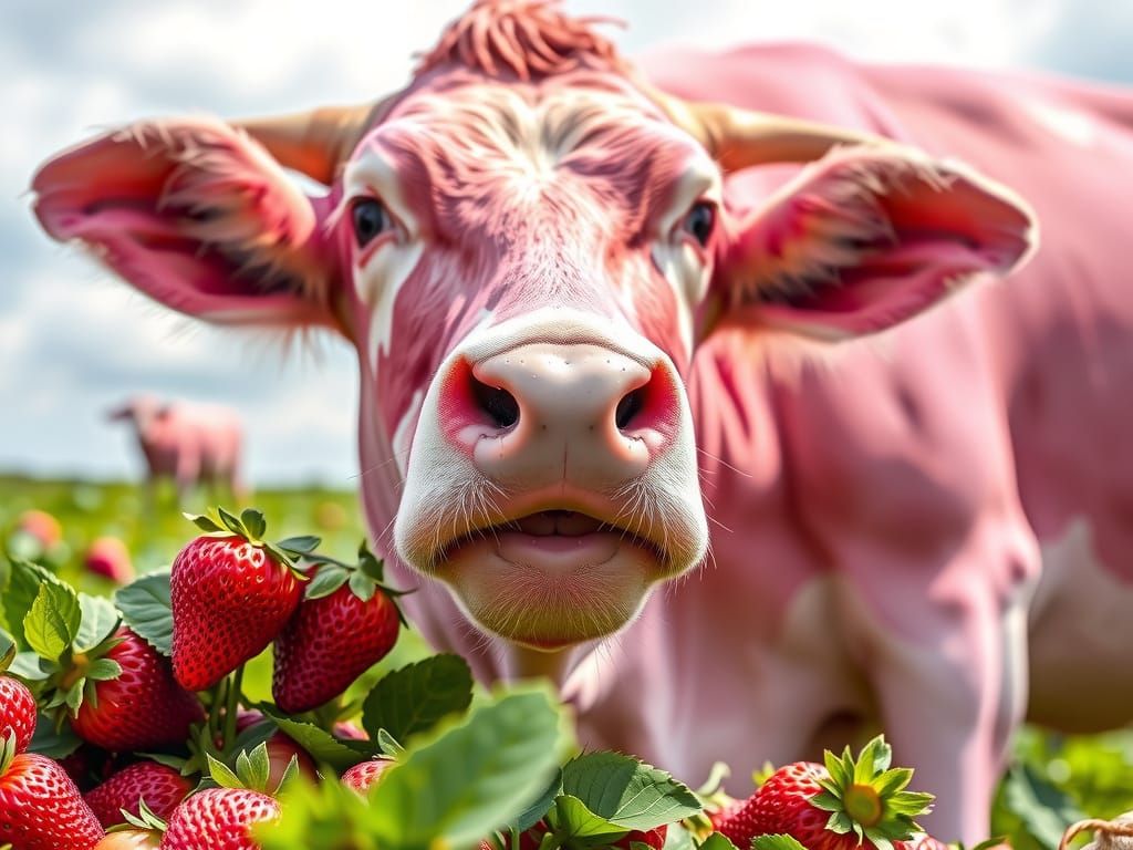 Strawberry Milk Coloured Cow eating Strawberries