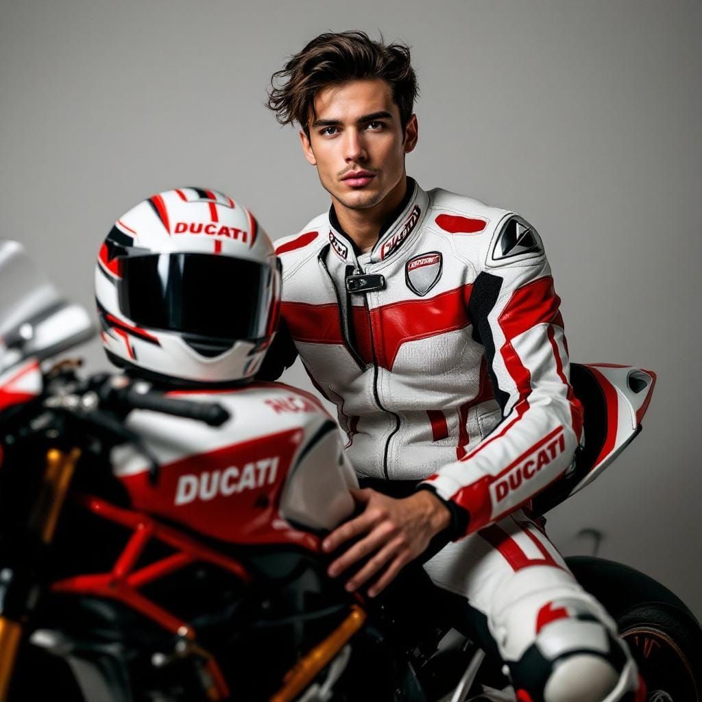 Handsome Young Man Poses with Ducati Motorcycle